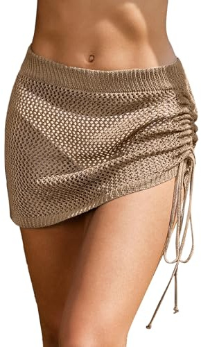 AI'MAGE Women's Crochet Cover Up Skirt 2024 Knit Drawstring Beach Skirt Coverups for Swimwear Khaki Medium