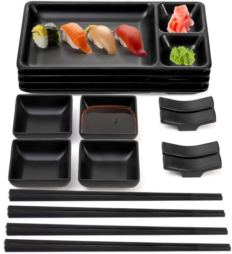 Pumtus Juego de platos japoneses de sushi de 16 piezas, juego de servir de sushi de melamina, juego de vajilla de sushi, incluye 4 platos de servir sushi, 4 platos de salsa de soja, 4 pares de