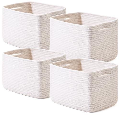 ICERZCZ Storage Baskets for Organizing, Woven Basket for Storage, Storage Baskets Bin for Shelves, Cotton Rope Basket with Handles, 12.5Lx9.1Wx7.9H, (4 Packs) Off White