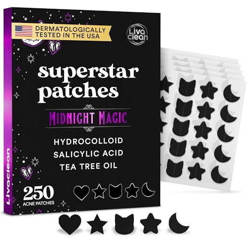 LivaClean 250CT Black Star Pimple Patches Midnight Magic w/Tea Tree Oil - Pimple Patches for Face, Hydrocolloid Acne Patch, Cute Face Stickers, Zit Patch