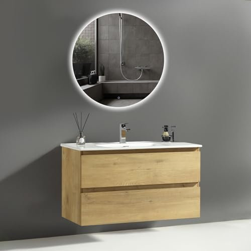 Alpenberger Waschbecken mit Unterschrank 100 cm Breit | Waschbeckenunterschrank Gäste WC | Led Badspiegel | Runder Spiegel mit Beleuchtung (Vivento 100 Eiche Natur)