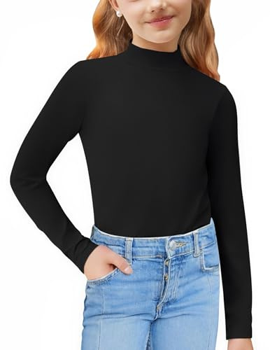 Arshiner Girls Long Sleeve Top Turtle Neck Thermal Base Layer Shirt Casual Uniform Tops Tight Undershirts 3-12 Years Black 10-11 Y