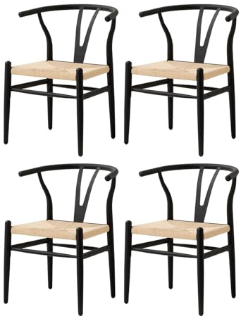 GrandCA HOME 4er-Set Stuhlset Küchenstühle mit Rattankissen, Metallrahmen und Metallbeine, Vintage-Stil, Geeignet für Küche und Esszimmer (schwarz)