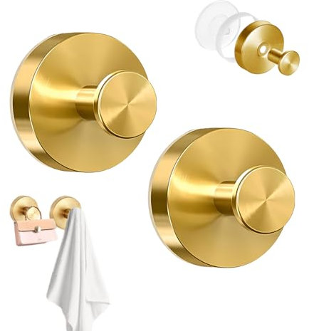 SoeUyd 2 Stück Saugnapf Haken，Saughaken，Handtuchhaken，Haken Ohne Bohren Klebehaken Extra Stark Keine Bohrung Handtuchhakens für Badezimmer Wände Küche Glas Spiegel Fliesen Metall Hakens (Gold)
