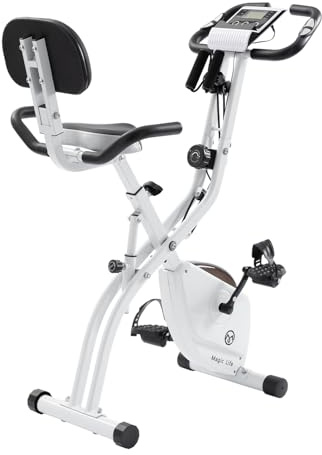 Magic Life Vélo d'appartement pliable avec résistance magnétique réglable à 10 niveaux | Vélo d'appartement pliable vertical et couché pour usage domestique (Blanc)