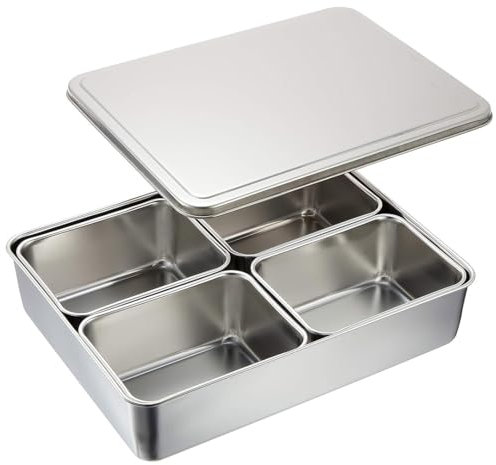 TIKUSAN Stainless Seasoning Container Yakumi Pan Spice Storage Box Tray with Lid Medium Size Made in Japan (4 Containers (Square))