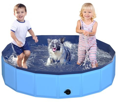 CACSPS 55.1 x 12 Foldable Dog Pool - Collapsible Hard Plastic Kiddie Pool for Dogs & Kids, Non-Slip Pet Bath Tub for Outdoor Backyard Use, Lightweight & Portable (Blue)