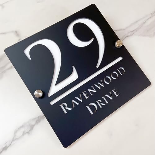 Custom Acrylic 3D Hollow Suspended House Number Sign with Street Name Modern Font | Shop Address Sign Plaque Door (Black White)