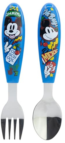 STOR Set 2 Couverts Enfant Mickey Mouse Acier Inoxydable Fourchette et Cuillère avec Manche Décoré Sans BPA pour Enfants