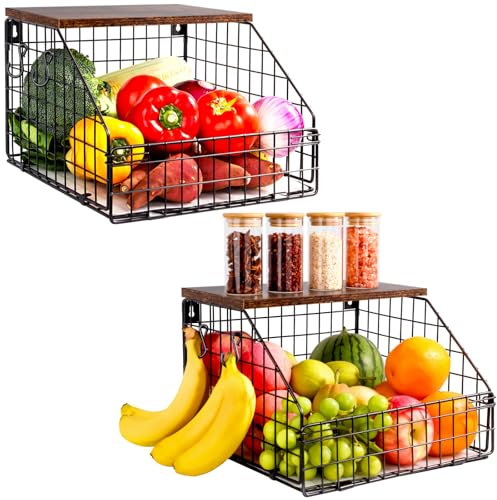 FoiiLiio Fruteros de Cocina Modernos Grande 2 Piezas Cesta Frutas y Verduras Cestas Apilables y Montables en la Pared, con Tapa de Madera, para Almacenar Fruteira y Aperitivos