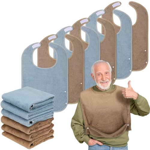 Threlaco 6 Pack Adult Bibs for Men and Women Elderly Senior Washable Clothing Protector with Crumb Catcher Large Towel Bibs for Special Needs Adult and Disabled Adjustable Reusable