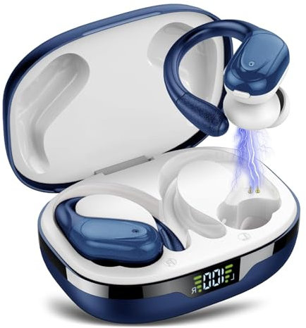 Ecouteurs Bluetooth sans Fil Sport, 60H Casque 5.3 avec CVC8.0 Antibruit, Ecouteurs sans Fil avec 4 ENC Mic, IPX7 Étanche Oreillette Bluetooth, Écouteurs pour Running Blanc Bleu