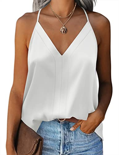 Zeagoo Debardeur Femme Satin Chic et Élégant Caraco Lâche Été Top sans Manche Bretelles Spaghetti Haut Sexy Col en V Camisole, Blanc XL