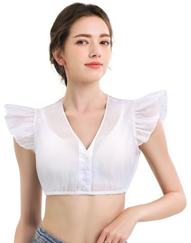 KOSMEEU Dirndl Bluse Damen Dirndlbluse Spitze Trachtenbluse Weiß Dirndlblusen Schlicht Oktoberfest Spitzenbluse Trachten Bluse Bayrische Tracht V-Ausschnitt 40
