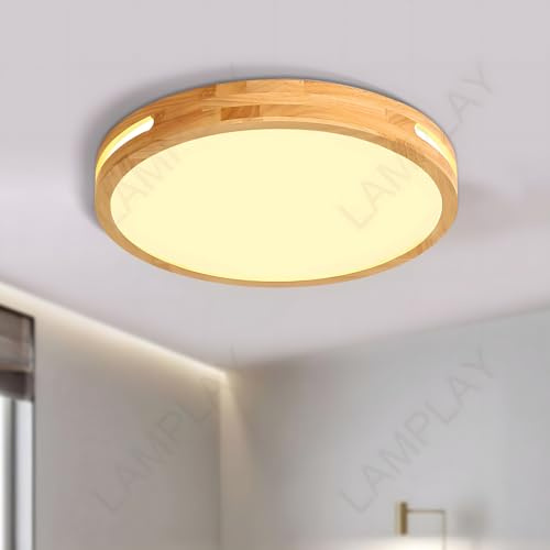 LAMPLAY Runde Deckenleuchte Aus Holz, Ø30cm Warmlicht-LED-Lampe, Original Naturholz 3000K 18W, Seitliches Hohldesign, Schlafzimmer Wohnzimmer Arbeitszimmer Kinderzimmer Küche Esszimmer Flur