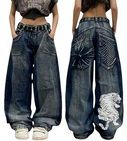 Unisex Y2K Hip Hop Street Jeans with Skeleton Print, Gothic Baggy Jeans, Vintage High Waist Denim, Wide Leg Pants (US, Alpha, Large, Regular, Regular, Tiger)
