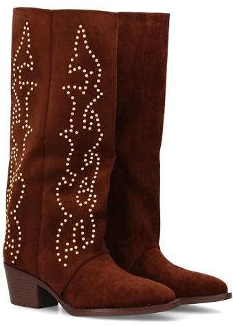 95973 Bota Alta Cowboy con Cana Alta y Tachuelas para Mujer. Tacon Medio y Comodo. Estilo campero, Estampado Liso, Cierre de Cremallera Ideal para Otono Invierno. Marron Talla 40