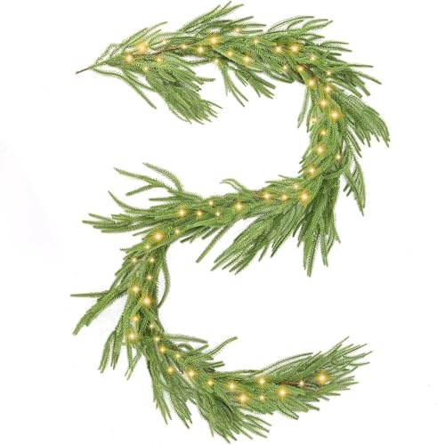 1.8M/6FT Norfolk Christmas Garland, Real Norfolk Pine Garland with Lights Fireplace Christmas Garlands for Stairs Xmas Tree Wall Stores Party Holiday Decorations