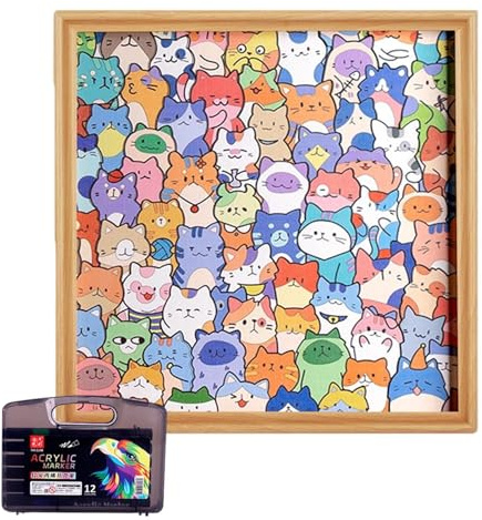 Rompecabezas de madera para gatos – Juego de aprendizaje de animales, juguete educativo creativo, divertido con marco y marcadores | Juego de involucrado para niños niñas viaje escuela a casa