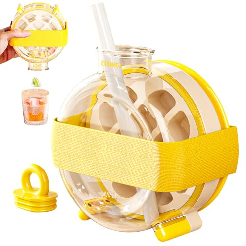 Ice Cube Bottle with Straw, 2 in 1 Ice Bottle Cup Ice Cube Cup Portable Touch Free Ice Cube Trays Press to Release Ice Tray for Home Ice Making, Outdoor Picnics, Office Use (Yellow-350ml)