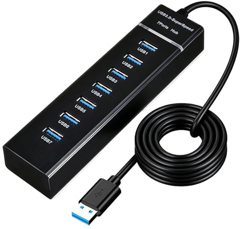 7 porte USB 3.0 Hub Multiport Adattatore 5Gbps Distributore dati 1,5 m Cavo per PC Laptop MacBook Plug and Play USB Distributore Splitter Mouse Tastiera U Disk fino a 5 Gbps Trasmissione stabile