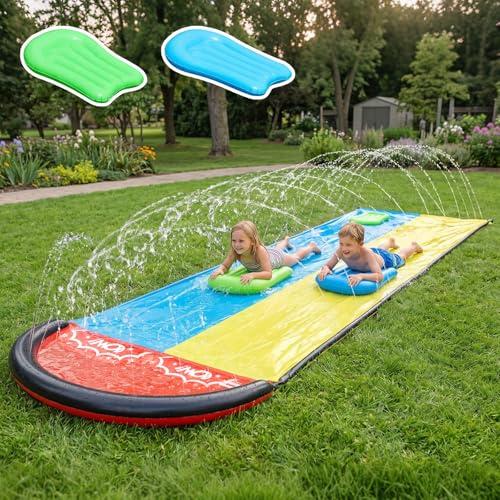 Kouamor Wasser Rutschbahn – 5M Lange Wasserrutsche mit Sprühdüsen & 2 Surfbrett – Wasserrutsche Garten für Kinder & Erwachsene – Slip and Slide – Outdoor Sommer Party Zubehör (Doppel)