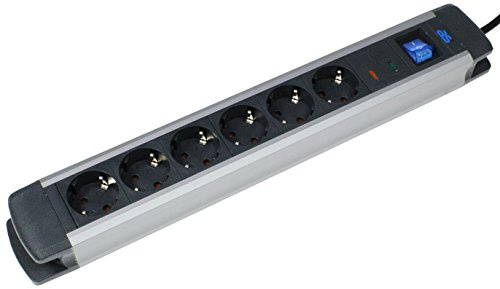 as - Schwabe 18366 Regleta de 6 enchufes protección contra sobretensiones de aluminio con interruptor y protección infantil, 1,5 m de cable, conector Schuko, 1 pieza, plata