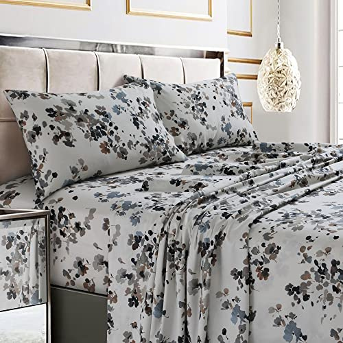 Tribeca Living 300 Thread Count Cotton Extra Deep Pocket Printed Sheet Set, Cal King, Lisbon Grey/Multi