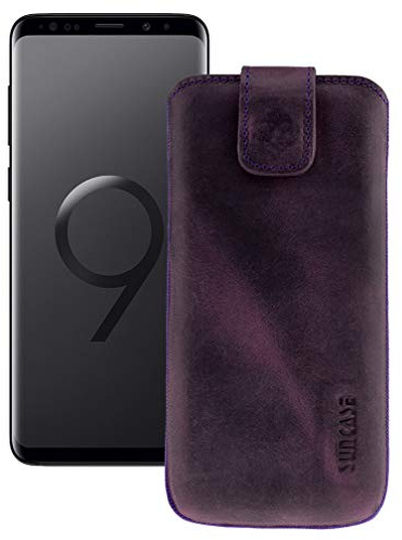 Suncase Original Hülle für Samsung Galaxy S9 mit ZUSÄTZLICHER Silikon Case/Schale/Bumper *Lasche mit Rückzugfunktion* Leder Tasche Etui in antik-lila