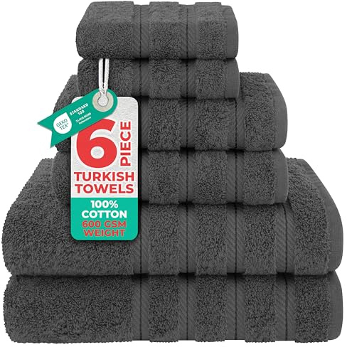 American Soft Linen Luxury - Juego de 6 Toallas para baño, 2 Toallas de baño, 2 de Mano y 2 faciales de 100% algodón Turco, Juego de Toallas, Color Gris Oscuro