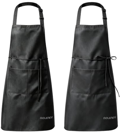 MOLENKY Schürze, 2 Stücke verstellbare Schürze mit 2 Taschen, verstellbarem Nackenband Kochschürze, BBQSchürze, Küchenschürze, café für Männer & Damen (Schwarz)