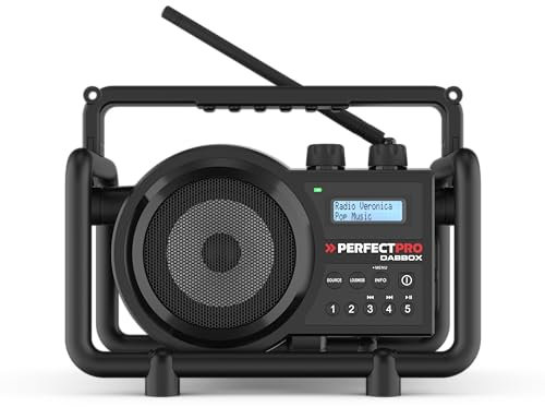 PerfectPro Baustellenradio DABBOX, DAB+ und UKW-Empfang, ingebautem Akkulader für universellen Akku, Bluetooth, Wiederaufladbar, AUX-Eingang, Stoßfest, IP54, DBX3