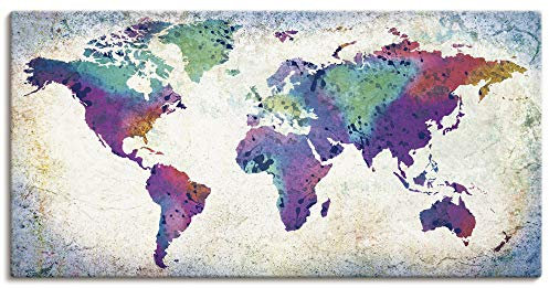 ARTLAND Wanddeko Leinwand Bilder Wandbild 150x75 cm Querformat Weltkarte Erde Welt Kontinente Landkarte Bunt U1TJ