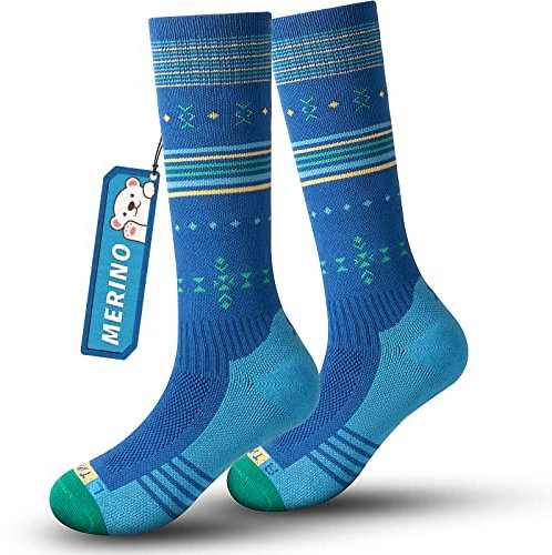 Skisocken Kinder Merinowolle Socken Jungen Mädchen, OTC Streifen Design Dick Gepolstert Knie Hoch Atmungsaktive Warme Compression Kinder Socken für Winter Outdoor-Sportarten 1Paar/2Paar