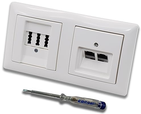 Busch Jäger, Rutenbeck Unterputz Netzwerkdose 10 Gigabit/S (10GbE) KAT6A 6A 2xRJ45 Anschluss + EBROM Telefon TAE 3x6 NFN Dose im BJ BalanceSi alpinweiß Design + EBROM Phasenprüfer z. Montage d. Geräte