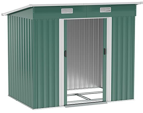 Outsunny 7 x 4ft Outdoor Storage Shed, Lean to Metal Garden Shed with Foundation Kit for Log, Rubbish Bin, Tool, Lawnmower, Bike, Green