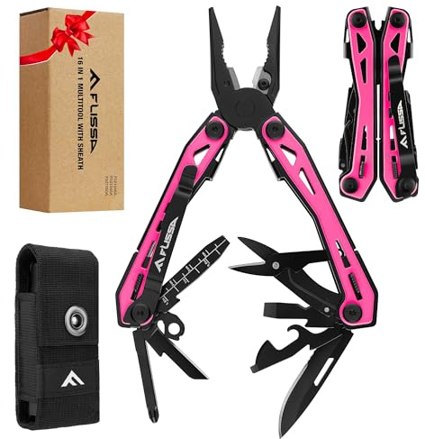 FLISSA 16-in-1 Pink Multi Tool Pliers, Gifts for Mom Women, Stainless Steel EDC Multitool with Pocket Knife, Belt Clip and Oxford Pouch, for Camping Survival Outdoor Activities