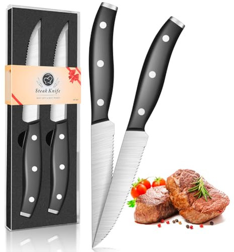 kyushublade Steakmesser 4,5 Zoll, 2-teiliges Steakmesser-Set mit Wellenschliff, Steakmesser aus rostfreiem Stahl mit Full Tang Griff, klassische Tafelmesser für Familie Geschenk, schwarz (2STK.)