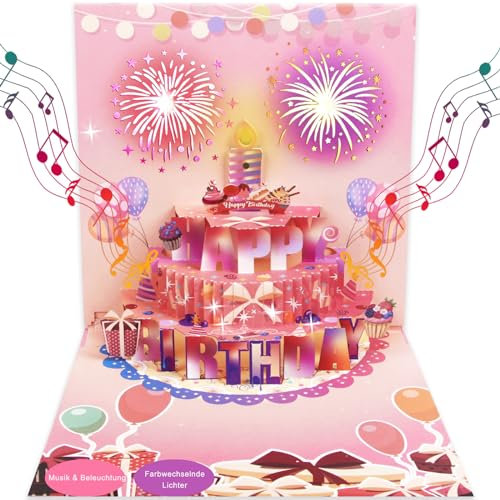 Geburtstagskarte 3D mit Musik und Blowable LED Feuerwerk Licht Kerze Happy Birthday Pop Up Karte Grußkarten Geburtstag mit Umschlag für Frau Beste Kinder Ehefrau Schwester