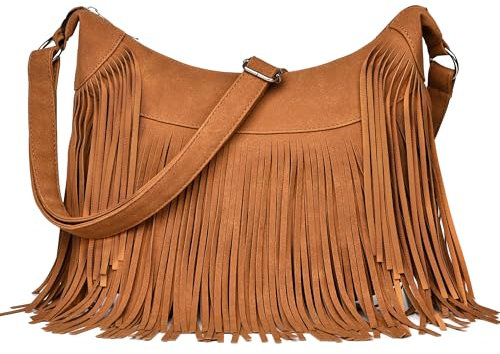 Dora & Liz Modische Damen-Umhängetasche mit Fransen, veganes Wildleder, Hippie-Quaste, Hobo-Schultertasche, Bohemian-Handtaschen, Braun, 14.2L x 3.9W x 10.3H