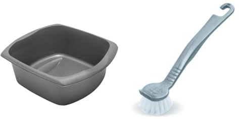 Addis Rectangular Washing up Bowl, Metallic, Large, 9.5 Litre & 510290 Round Pot Dish Brush, Metallic, 5 x 4 x 21 cm