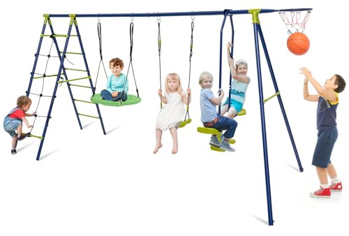 COSTWAY 6-in-1-Schaukelset mit 2 Schaukeln, Gleitersitzen, Kletternetz, Kletterleiter und Basketballkorb, Kinderschaukel mit Gestell, Schaukelgestell mit Doppelschaukel für Garten, Hof (Grün + Blau)