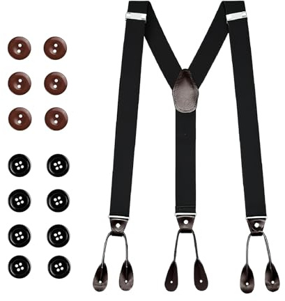 Y-Back Adjustable Braces for Men, 3.5cm Wide Y-Shaped Elastic Suspender 8 Black and 6 Brown Buttons for Party & Business (Black)