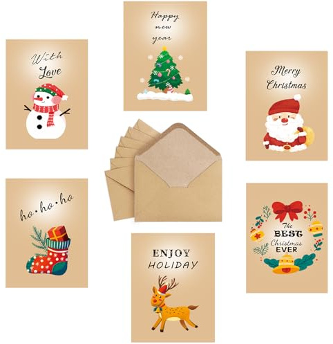 WROYGVY Weihnachtskarten mit umschlag set,24 pcs A6 Weihnachtskarten set,Weihnachtskarte und kraftpapier umschläge,6 Muster gemusterte Weihnachtskarte Grußkarten Klein, Geschenkkarte Weihnachten