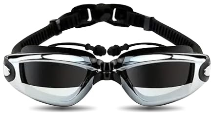Schwimmbrille Mit Ohrstöpseln, UV-Schutz und Anti-Beschlag - Für Damen und Herren - Schwarz