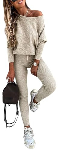 CHICME 2 Piece Lounge Outfit Long Sleeve Knit Pullover Tops Drawstring Pants Set Tracksuit Sweatsuit-be-L