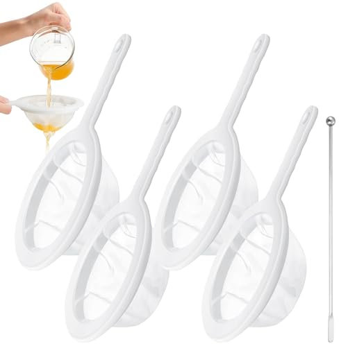 JOZMMZEOOA 4 Piezas Colador Cocina,Nylon Coladores Malla Fina Colador Plastico Malla con Mango y 1 Plata Palito Revolver Malla 80/100/200/400 Colador Alimentos Ultrafina,para Jugo Leche Soja y Vino