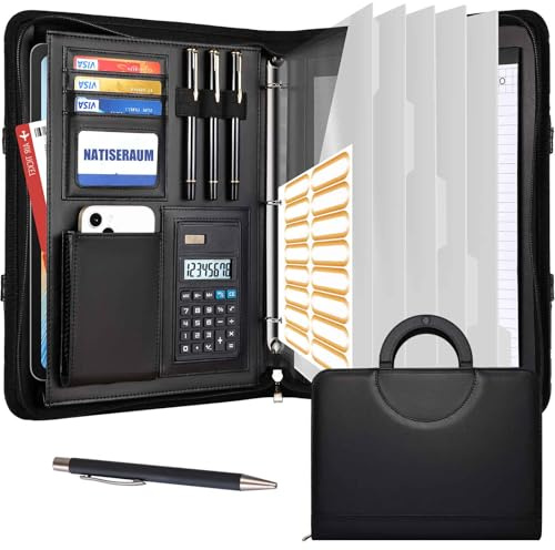 NATISERAUM Portfolio Binder 3 Ring Includes Pen and 5 Dividers with 10 Pockets, Padfolio Organizer with Magnetic Handle for Men and Women, Includes A4 Notepad for Business, School, Work
