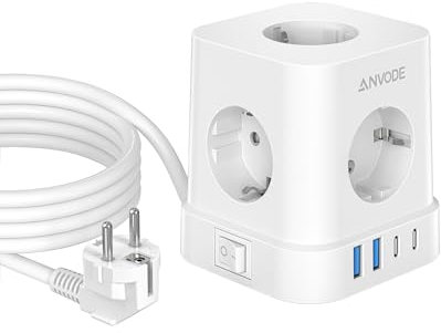 9 in 1 cubo con USB C, 5 prese, presa multipla con interruttore, protezione da sovratensione con 4 USB, presa di distribuzione 2 m per casa (bianco)