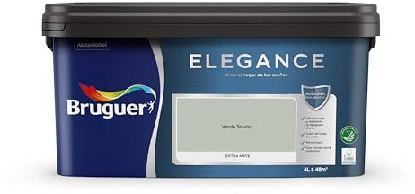 Bruguer Elegance Pintura Monocapa Extra Mate para Paredes y Techos, Interior y Exterior protegidos, Ultra Lavable, Resistente al Desgaste y Manchas, Con conservante Antimoho, Verde Salvia 4 L